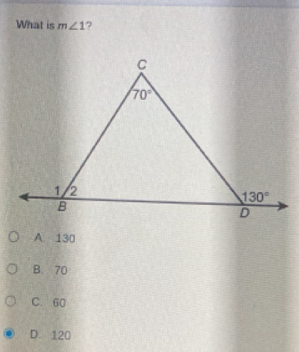 What is m∠ 1 ?
A 130
B. 70
C. 60
D. 120