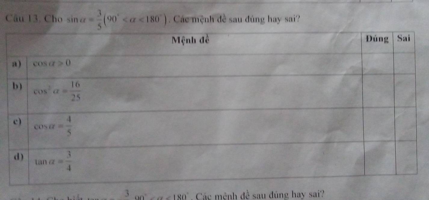 Cho sin alpha = 3/5 (90° <180°). Các mệnh đề sau đúng hay sai?
3 on ∠ alpha <180° Các mệnh đề sau dúng hay sai?