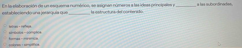 En la elaboración de un esquema numérico, se asignan números a las ideas principales y _a las subordinadas,
estableciendo una jerarquía que _la estructura del contenido.
letras - refleja.
símbolos - complica.
formas - minimiza.
colores - simplifica.