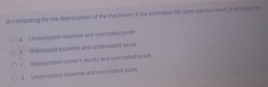 In computing for the depreciation of the machinery, if the estimated life used was too short, it will result to:
a. Understated expense and overstated profit
b. Overstated expense and understated asset.
c. Understated owner's equity and overstated asset.
d. Understated expense and overstated asset.