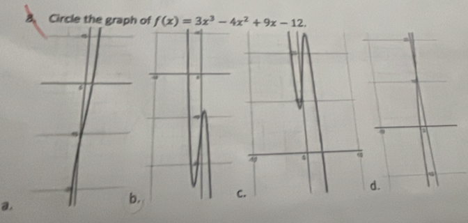 Circle the graph of f(x)=3x^3-4x^2+9x-12. 
a. 
. 
C.