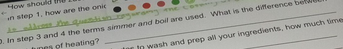 ow should the . 
in step 1, how are the oni 
. In step 3 and 4 the terms simmer and boil are used. What is the difference betwe 
f to wash and prep all your ingredients, how much time 
nes of heating?