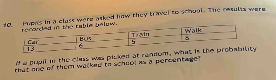 ls in a class were asked how they travel to school. The results were 
If a pupil in the class was picked at ran 
that one of them walked to school as a percentage?