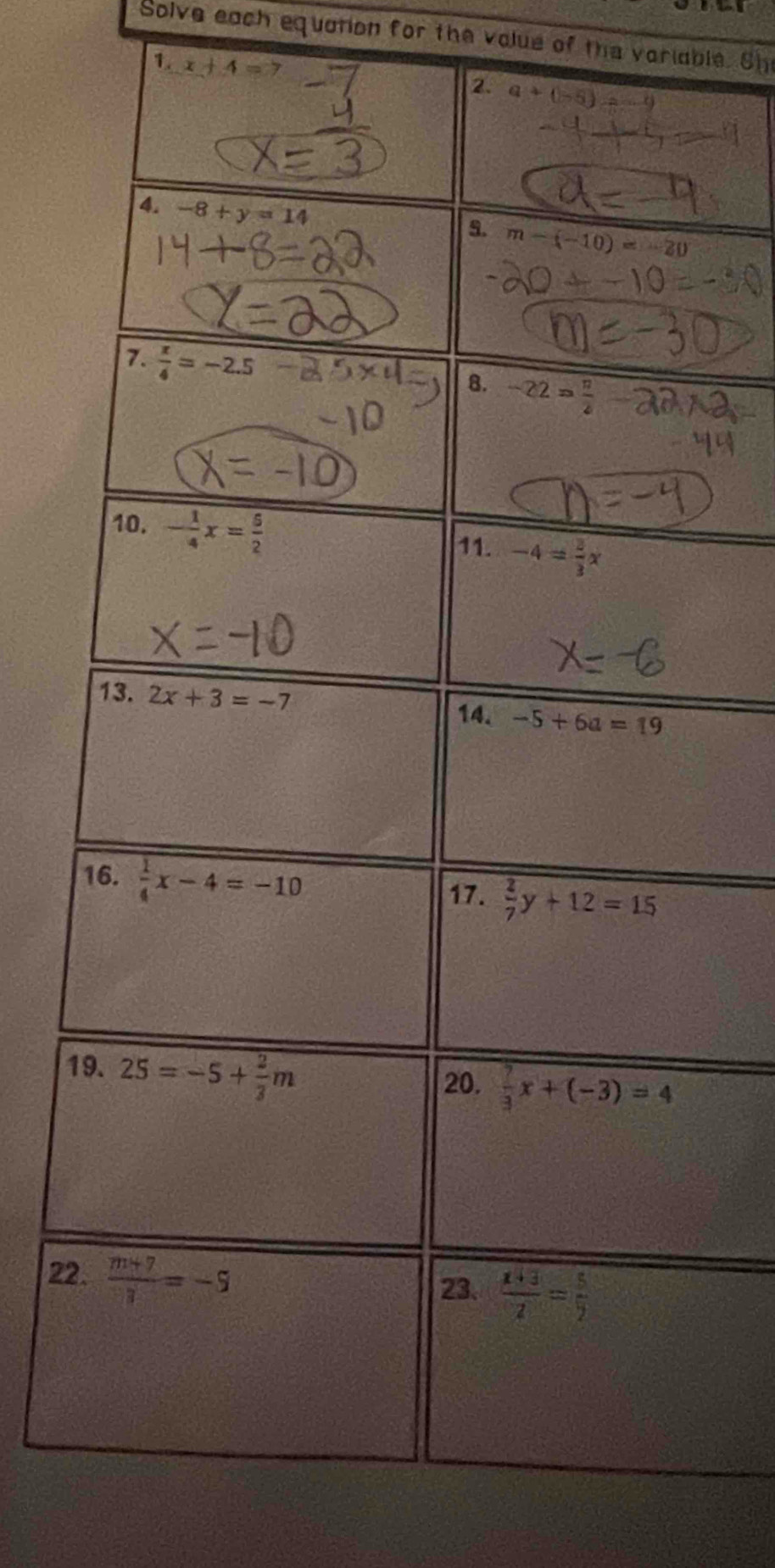 Solve each equation for the volue of the variable. Sh
1. x+4=7
1
2