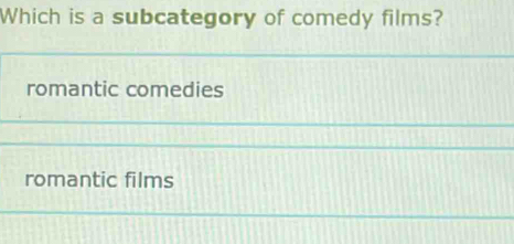 Which is a subcategory of comedy films?