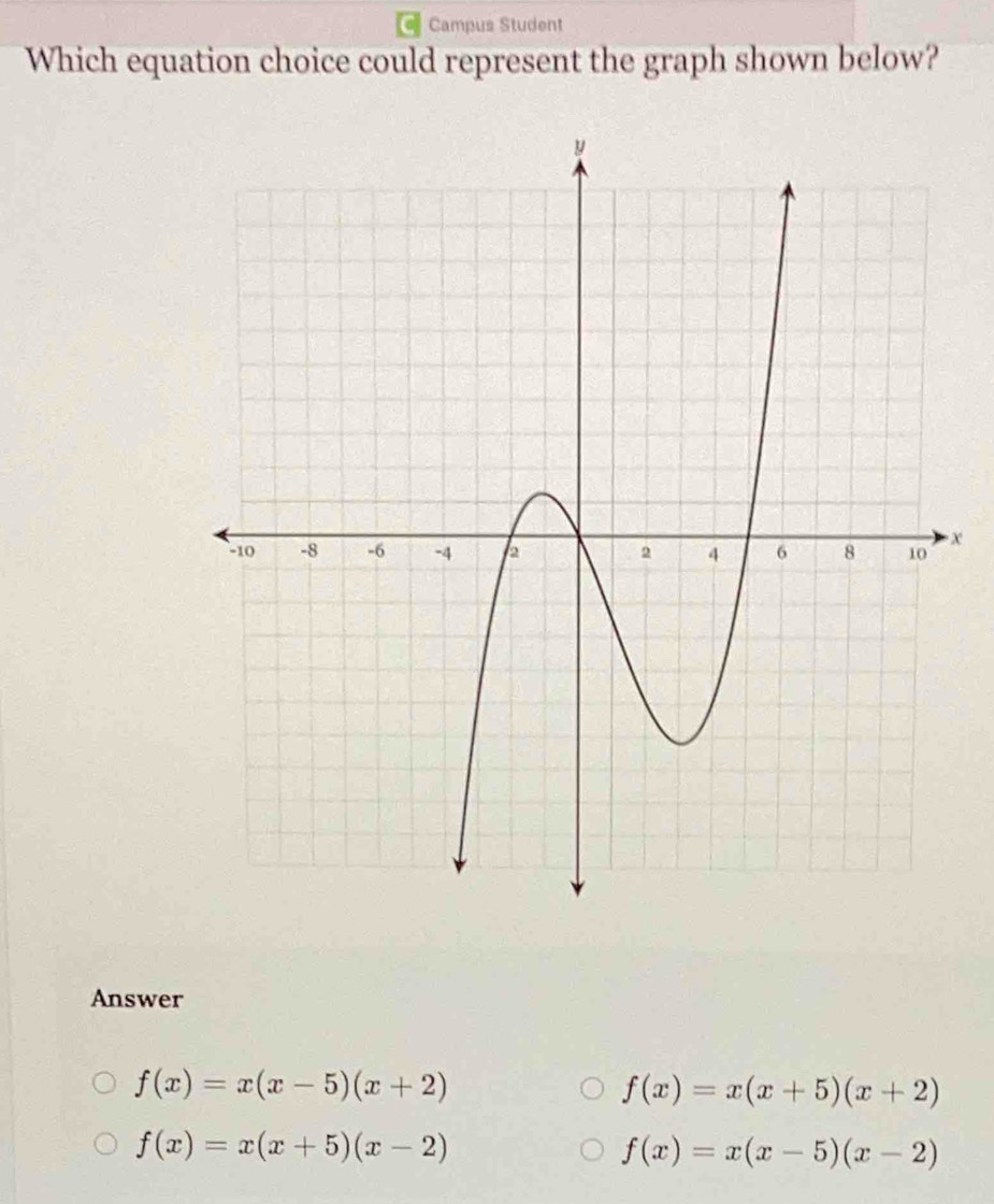 Campus Student
Which equation choice could represent the graph shown below?
X
Answer
f(x)=x(x-5)(x+2)
f(x)=x(x+5)(x+2)
f(x)=x(x+5)(x-2)
f(x)=x(x-5)(x-2)