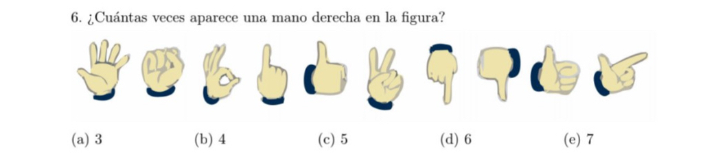 ¿Cuántas veces aparece una mano derecha en la figura?
(a) 3 (b) 4 (c) 5 (d) 6 (e) 7