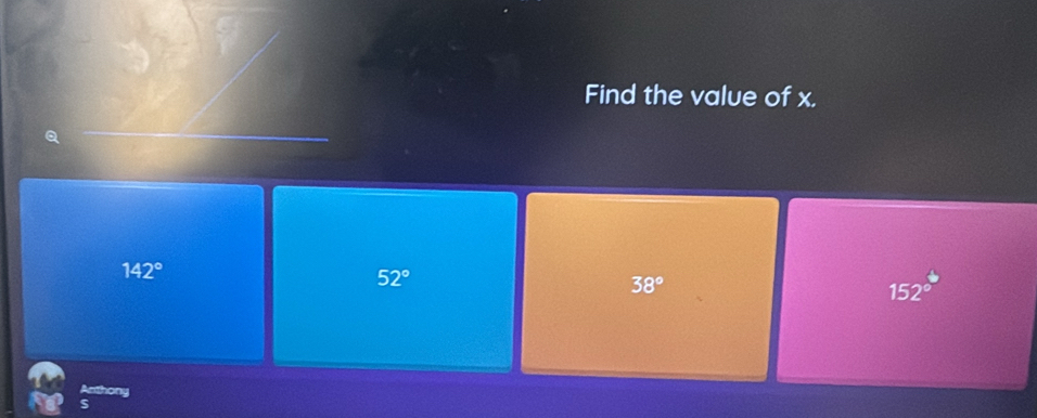 Find the value of x.
142°
52°
38°
152°
Arthony
S