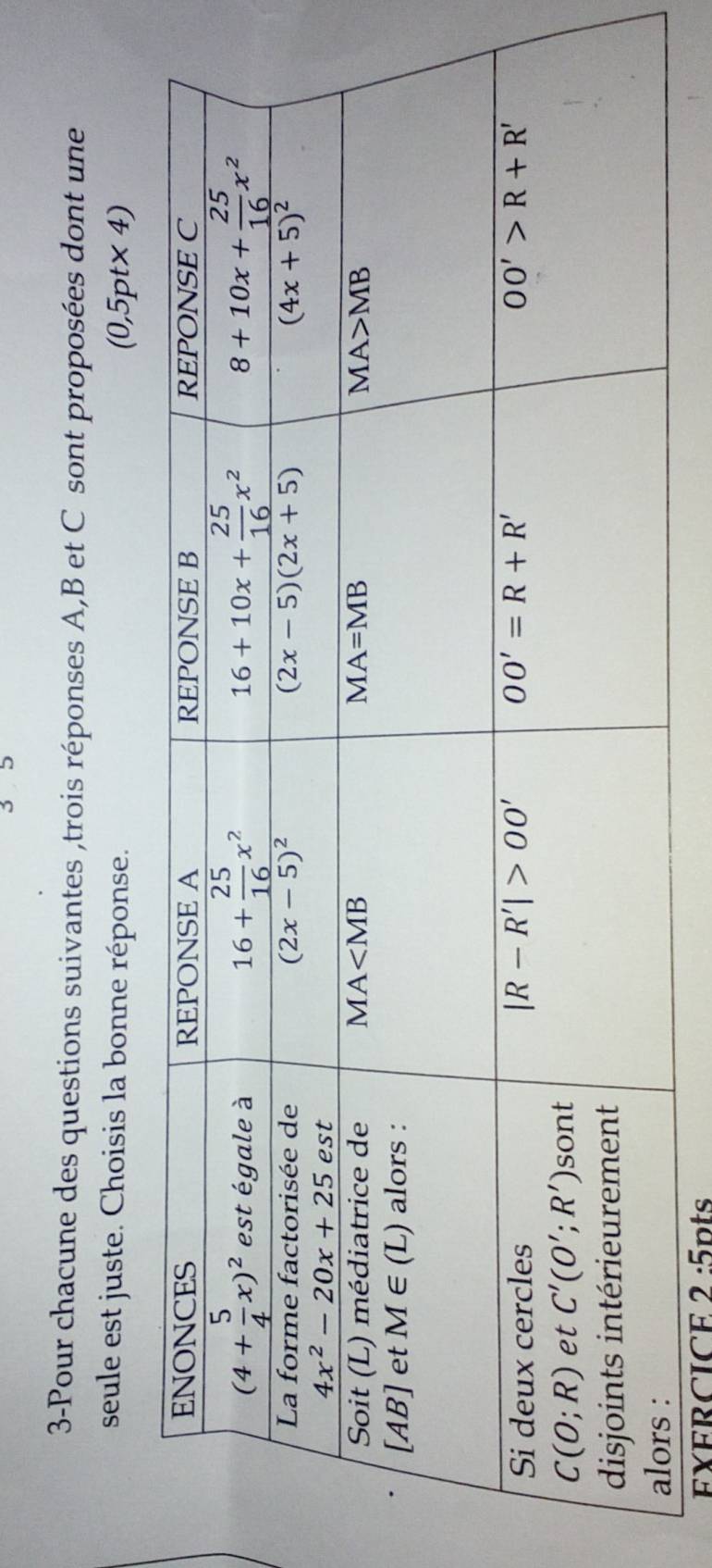 5
3-Pour chacune des questions suivantes ,trois réponses A,B et C sont proposées dont une
seule est juste. Choisis la bonne réponse. (0,5pt* 4)
EXERCICE 2:5 ints