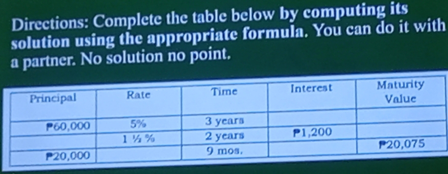 Directions: Complete the table below by computing its 
solution using the appropriate formula. You can do it with 
a partner. No solution no point.