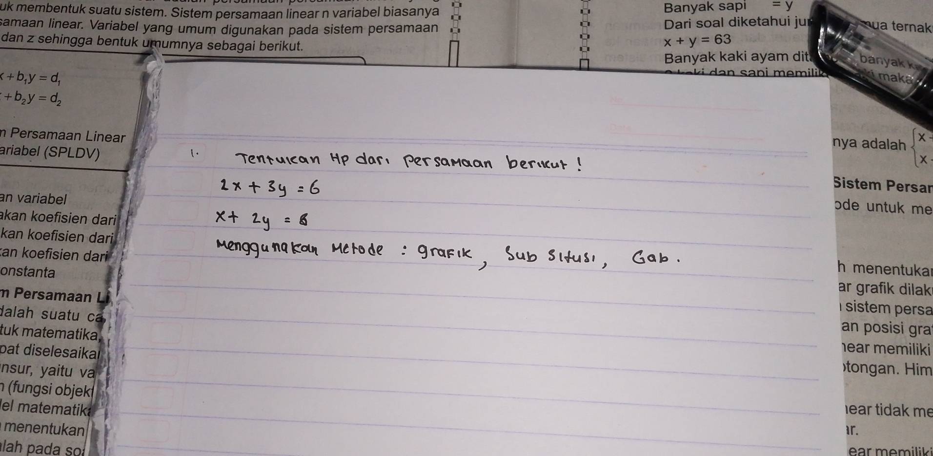 uk membentuk suatu sistem. Sistem persamaan linear n variabel biasanya 
Banyak sapi =y
samaan linear. Variabel yang umum digunakan pada sistem persamaan Dari soal diketahui jur ua ternak 
dan z sehingga bentuk umumnya sebagai berikut.
x+y=63
Banyak kaki ayam dit. banyak k
x+b_1y=d_1
i maka
+b_2y=d_2
n Persamaan Linear 
nya adalah beginarrayl x- x.endarray.
ariabel (SPLDV) 
Sistem Persar 
an variabel 
ode untuk me 
akan koefisien dari 
kan koefisien dari h menentukal 
kan koefisien dari 
onstanta 
ar grafik dilak 
m Persamaan L an posisi gra 
dalah suatu ca 
sstem persa 
tuk matematika, hear memiliki 
pat diselesaikaı tongan. Him 
nsur, yaitu va 
(fungsi objeki 
el matematika hear tidak me 
menentukan ar. 
lah pada so