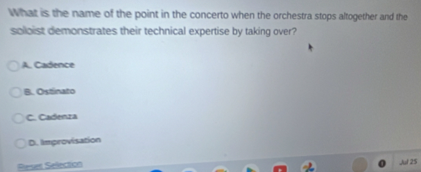 What is the name of the point in the concerto when the orchestra stops altogether and the
solloist demonstrates their technical expertise by taking over?
A. Cadence
B. Ostinato
C. Cadenza
D. Improvisation
Resen Sellection Jul 25