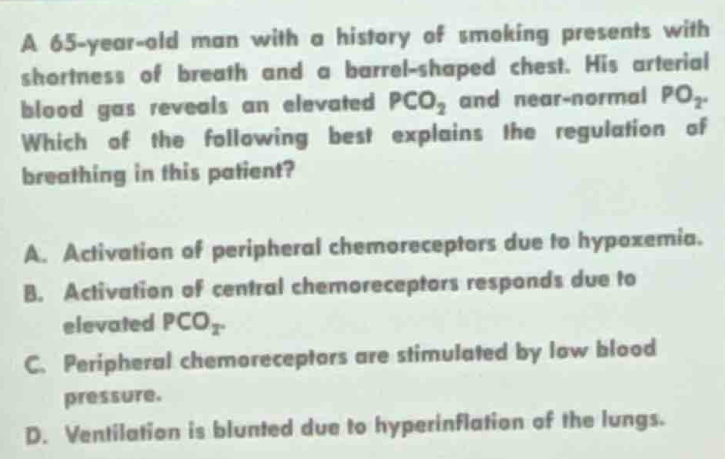 A 65-year-old man with a history of smoking presents with
shortness of breath and a barrel-shaped chest. His arterial
blood gas reveals an elevated PCO_2 and near-normal PO_2. 
Which of the following best explains the regulation of
breathing in this patient?
A. Activation of peripheral chemoreceptors due to hypoxemia.
B. Activation of central chemoreceptors responds due to
elevated PCO_2.
C. Peripheral chemoreceptors are stimulated by low blood
pressure.
D. Ventilation is blunted due to hyperinflation of the lungs.