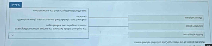 Match the phases of the Menstrual Cycle with their related events
Proliferative phase
^
Secretory phase the ruptured follicle becomes the corpus luteum and begins to
secrete progesterone and estrogen
Menstrual phase endometrium rebuilds itself, ovum matures, phase ends with
ovulation
loss of functional layer called the endometrium
Submit
