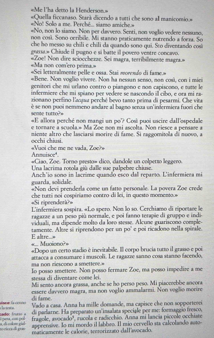 «Me l'ha detto la Henderson.»
«Quella ficcanaso. Starà dicendo a tutti che sono al manicomio.»
«No! Solo a me. Perché... siamo amiche.»
«No, non lo siamo. Non per davvero. Senti, non voglio vedere nessuno,
non cosí. Sono orribile. Mi stanno praticamente nutrendo a forza. So
che ho messo su chili e chili da quando sono qui. Sto diventando così
grassa.» Chiude il pugno e si batte il povero ventre concavo.
«Zoe! Non dire sciocchezze. Sei magra, terribilmente magra.»
«Ma non com'ero prima.»
«Sei letteralmente pelle e ossa. Stai morendo di fame.»
«Bene. Non voglio vivere. Non ha nessun senso, non così, con i miei
genitori che mi urlano contro o piangono e non capiscono, e tutte le
infermiere che mi spiano per vedere se nascondo il cibo, e ora mi ra-
zionano perfino l’acqua perché bevo tanto prima di pesarmi. Che vita
è se non puoi nemmeno andare al bagno senza un'infermiera fuori che
sente tutto?»
«E allora perché non mangi un po’? Così puoi uscire dall'ospedale
e tornare a scuola.» Ma Zoe non mi ascolta. Non riesce a pensare a
niente altro che lasciarsi morire di fame. Si raggomitola di nuovo, a
occhi chiusi.
«Vuoi che me ne vada, Zoe?»
Annuisce⁴.
«Ciao, Zoe. Torno presto» dico, dandole un colpetto leggero.
Una lacrima rotola giù dalle sue palpebre chiuse.
Anch’io sono in lacrime quando esco dal reparto. L'infermiera mi
guarda, solidale.
«Non devi prenderla come un fatto personale. La povera Zoe crede
che tutti noi cospiriamo contro di lei, in questo momento.»
«Si riprenderà?»
L'infermiera sospira. «Lo spero. Non lo so. Cerchiamo di riportare le
ragazze a un peso più normale, e poi fanno terapie di gruppo e indi-
viduali, ma dipende molto da loro stesse. Alcune guariscono comple-
tamente. Altre si riprendono per un po’ e poi ricadono nella spirale.
E altre...»
«... Muoiono?»
«Dopo un certo stadio è inevitabile. Il corpo brucia tutto il grasso e poi
attacca a consumare i muscoli. Le ragazze sanno cosa stanno facendo,
ma non riescono a smettere.»
Io posso smettere. Non posso fermare Zoe, ma posso impedire a me
stessa di diventare come lei.
Mi sento ancora grassa, anche se ho perso peso. Mi piacerebbe ancora
essere davvero magra, ma non voglio ammalarmi. Non voglio morire
di fame.
uisce: fa cenno
la testa. Vado a casa. Anna ha mille domande, ma capisce che non sopporterei
cado: frutto a di parlarne. Ha preparato un’insalata speciale per me: formaggio fresco,
li pera, con pol- fragole, avocado³, rucola e radicchio. Anna mi lancia piccole occhiate
a, di colore gial- apprensive. Io mi mordo il labbro. Il mio cervello sta calcolando auto-
to ricca di gras
maticamente le calorie, terrorizzato dall’avocado.