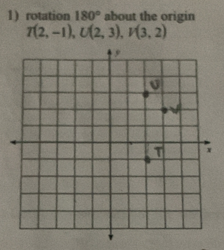 rotation 180° about the origin
T(2,-1), U(2,3), V(3,2)