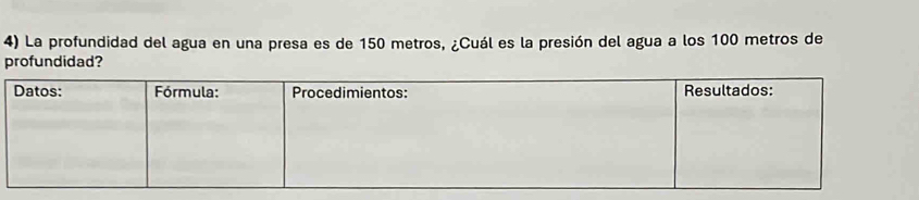 La profundidad del agua en una presa es de 150 metros, ¿Cuál es la presión del agua a los 100 metros de 
profundidad?