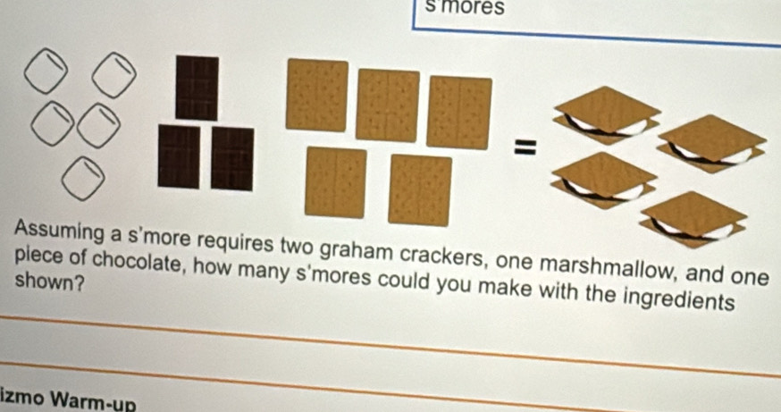 mores 
ires two graham crackers, one marshmallow, and one 
_ 
shown? piece of chocolate, how many s'mores could you make with the ingredients 
_ 
izmo Warm-up