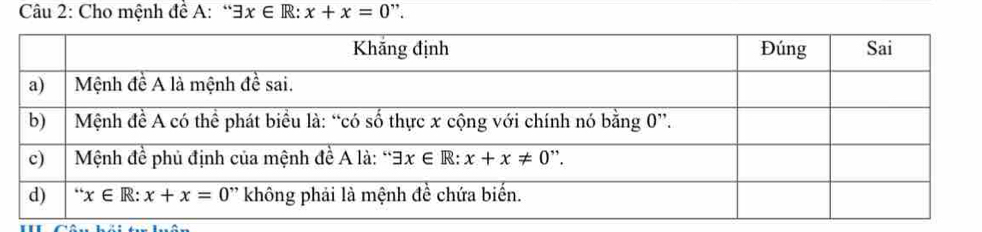 Cho mệnh đề A:“: exists x∈ R: x+x=0 ”.