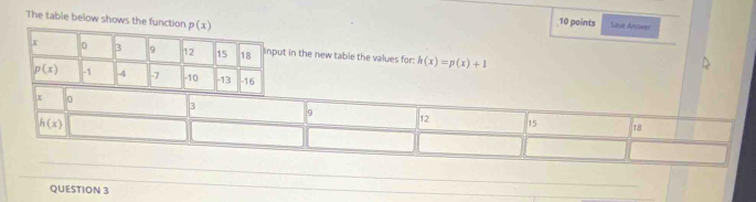 The table below shows the function
10 points Save Arswe?
t in the new table the values for: h(x)=p(x)+1
x 0
3
9 12 15 18
h(x)
QUESTION 3