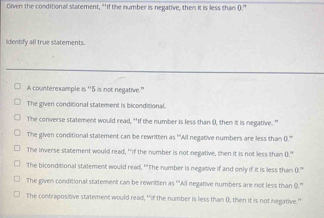 Solved: Given the conditional statement, “If the number is negative ...
