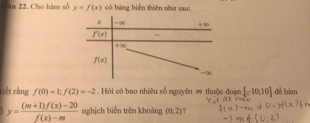 ầu 22. Cho hàm số y=f(x) có bảng biến thiên như sau:
Biết rằng f(0)=1;f(2)=-2. Hỏi có bao nhiêu số nguyên m thuộc đoạn [-10;10] để hàm
A y= ((m+1)f(x)-20)/f(x)-m  nghịch biến trên khoảng (0;2) ?