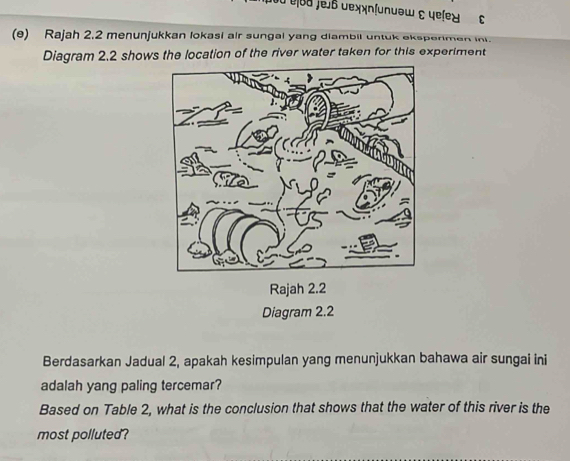 ऐod )ejs dex>nunuəω ε ye(e४ 
(e) Rajah 2.2 menunjukkan lokasi air sungal yang diambil untuk ekspenmen in. 
Diagram 2.2 shows the location of the river water taken for this experiment 
Rajah 2.2 
Diagram 2.2 
Berdasarkan Jadual 2, apakah kesimpulan yang menunjukkan bahawa air sungai ini 
adalah yang paling tercemar? 
Based on Table 2, what is the conclusion that shows that the water of this river is the 
most polluted?