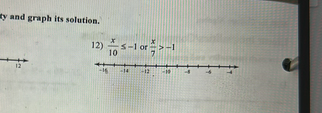 ty and graph its solution. 
12)  x/10 ≤ -1 or  x/7 >-1