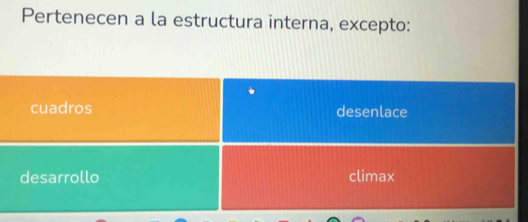 Pertenecen a la estructura interna, excepto:
cuadros desenlace
desarrollo climax