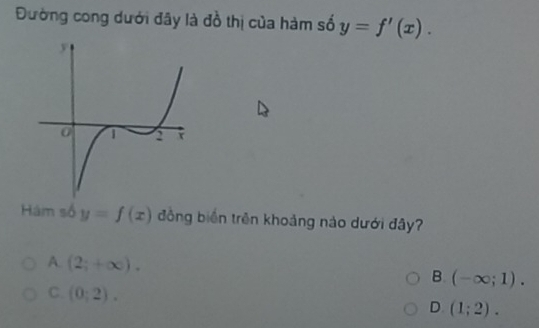 Đường cong dưới đây là đồ thị của hàm số y=f'(x). 
Hám số y=f(x) đồng biển trên khoảng nào dưới đây?
A. (2;+∈fty ).
B. (-∈fty ;1).
C. (0;2).
D (1;2).