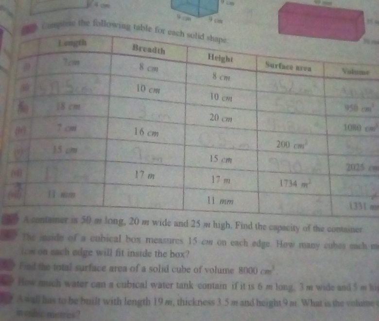 cm
cm
9 cm 9 c
85 -
A Comptere the following t
e
co
( m
3 25 m high. Find the capacity of the container
42 The inside of a cubical box measures 15 cm on each edge. How many cubes each m
iom on each edge will fit inside the box?
te Find the total surface area of a solid cube of volume 8000cm^3.
t? How much water can a cubical water tank contain if it is 6 m long. 3 m wide and 5 m hi
? A wall has to be built with length 19 m, thickness 3.5m and height 9 m. What is the volume 
in cubic metres ?