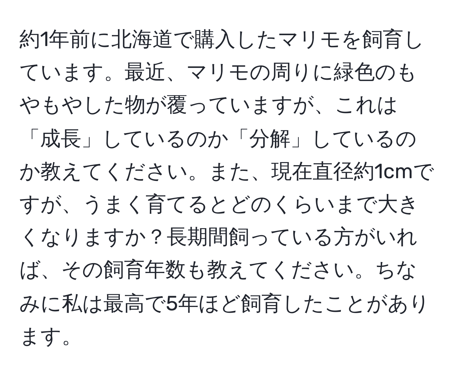 約1年前に北海道で購入したマリモを飼育しています。最近、マリモの周りに緑色のもやもやした物が覆っていますが、これは「成長」しているのか「分解」しているのか教えてください。また、現在直径約1cmですが、うまく育てるとどのくらいまで大きくなりますか？長期間飼っている方がいれば、その飼育年数も教えてください。ちなみに私は最高で5年ほど飼育したことがあります。