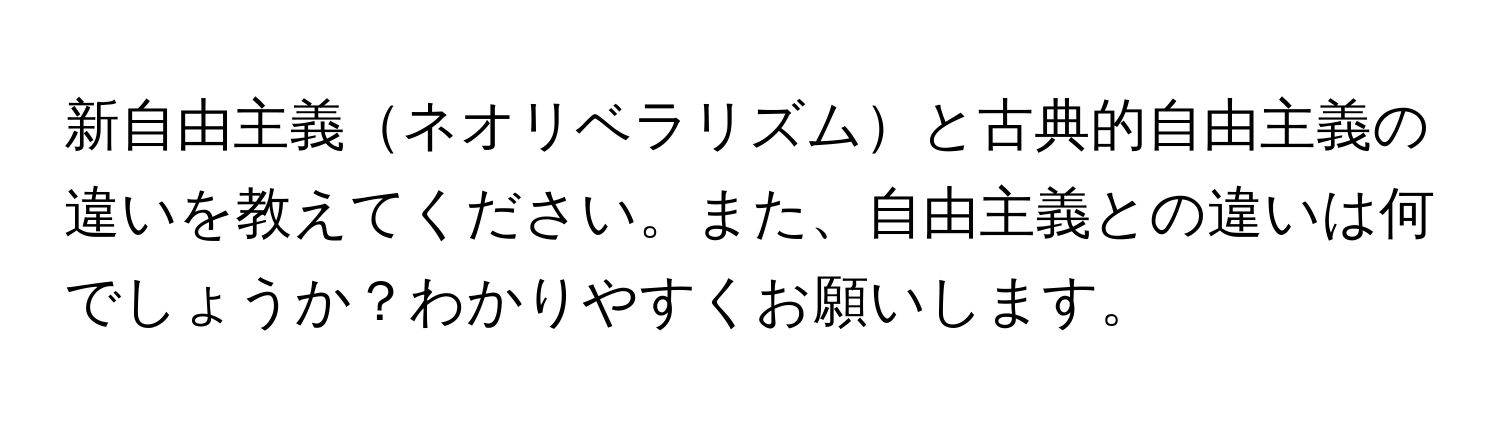 新自由主義ネオリベラリズムと古典的自由主義の違いを教えてください。また、自由主義との違いは何でしょうか？わかりやすくお願いします。