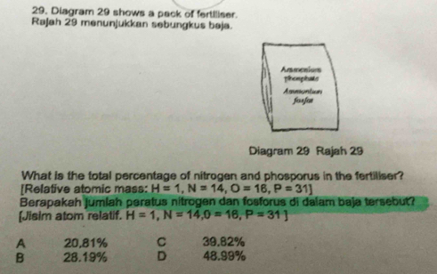 Diagram 29 shows a pack of fortiliser.
Rajah 29 menunjukkan sebungkus beja.
Arsmenions
phemphats
Asumontion
feafen
Diagram 29 Rajah 29
What is the total percentage of nitrogen and phosporus in the fertiliser?
[Relative atomic mass: H=1, N=14, O=16, P=31]
Berapakah jumlah peratus nitrogen dan fosforus di dalam baja tersebut?
[Jisim atom relatif. H=1, N=14, O=16, P=31]
A 20,81% C 39.82%
B 28.19% D 48.99%