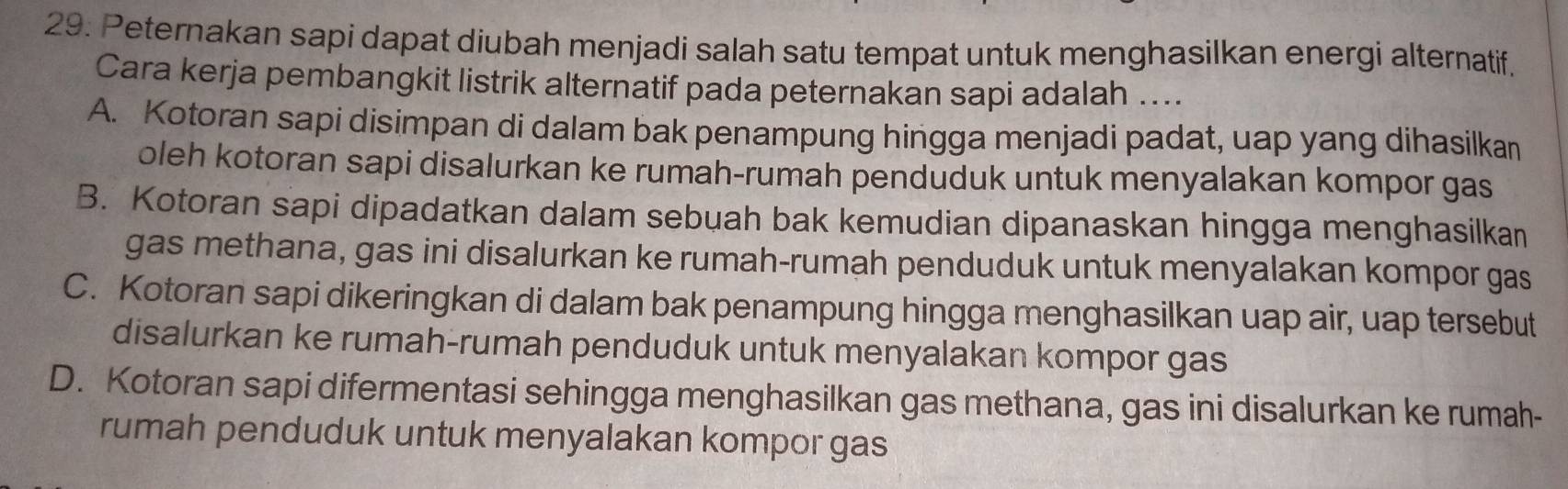 Peternakan sapi dapat diubah menjadi salah satu tempat untuk menghasilkan energi alternatif.
Cara kerja pembangkit listrik alternatif pada peternakan sapi adalah ....
A. Kotoran sapi disimpan di dalam bak penampung hingga menjadi padat, uap yang dihasilkan
oleh kotoran sapi disalurkan ke rumah-rumah penduduk untuk menyalakan kompor gas
B. Kotoran sapi dipadatkan dalam sebuah bak kemudian dipanaskan hingga menghasilkan
gas methana, gas ini disalurkan ke rumah-rumah penduduk untuk menyalakan kompor gas
C. Kotoran sapi dikeringkan di dalam bak penampung hingga menghasilkan uap air, uap tersebut
disalurkan ke rumah-rumah penduduk untuk menyalakan kompor gas
D. Kotoran sapi difermentasi sehingga menghasilkan gas methana, gas ini disalurkan ke rumah-
rumah penduduk untuk menyalakan kompor gas