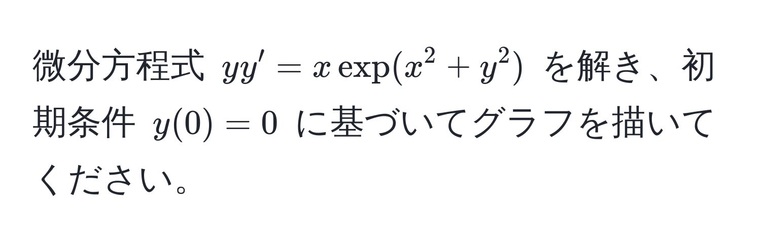 微分方程式 $yy' = x exp(x^2 + y^2)$ を解き、初期条件 $y(0) = 0$ に基づいてグラフを描いてください。