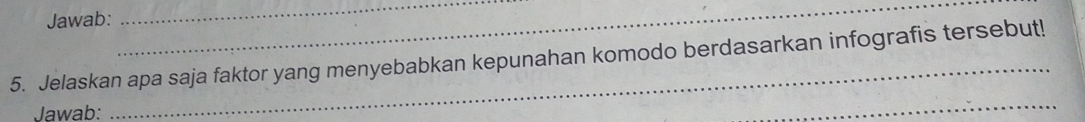 Jawab: 
__ 
5. Jelaskan apa saja faktor yang menyebabkan kepunahan komodo berdasarkan infografis tersebut! 
Jawab: 
_