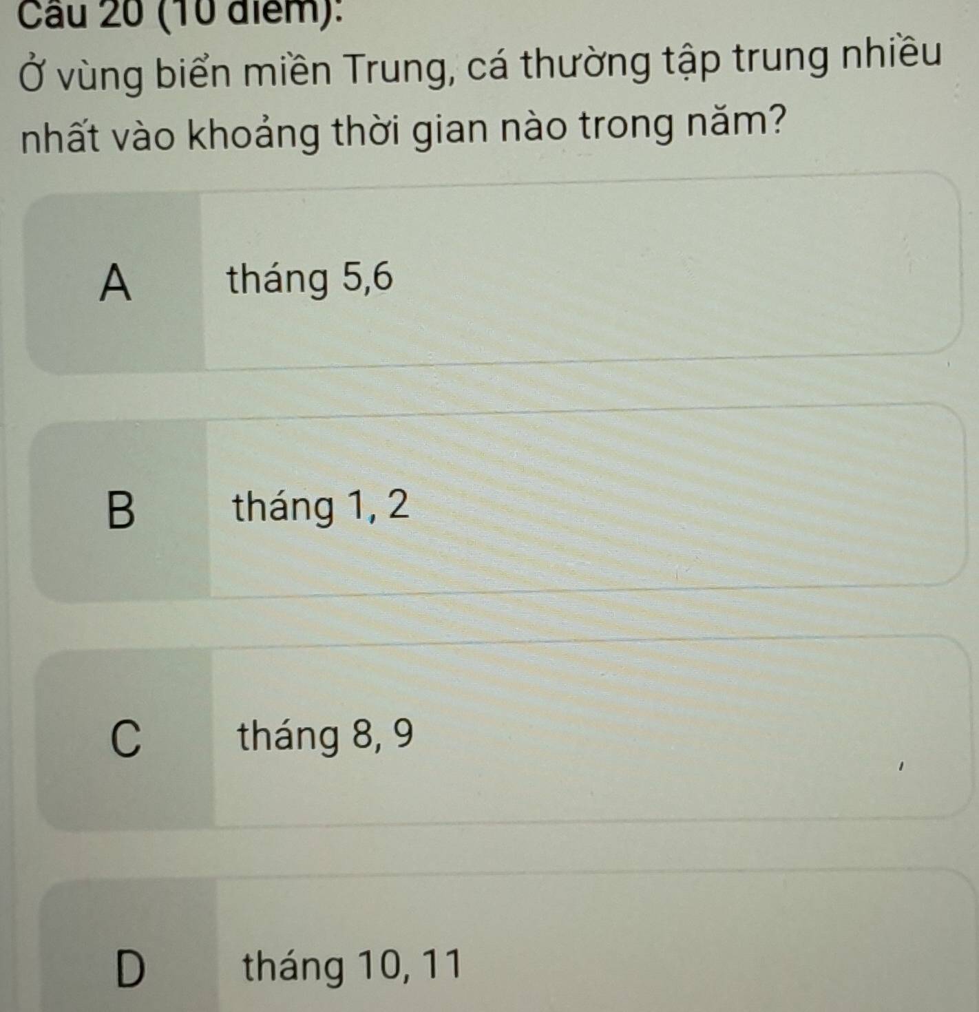 Cầu 20 (10 điểm):
Ở vùng biển miền Trung, cá thường tập trung nhiều
nhất vào khoảng thời gian nào trong năm?
A tháng 5, 6
B tháng 1, 2
C tháng 8, 9
D tháng 10, 11