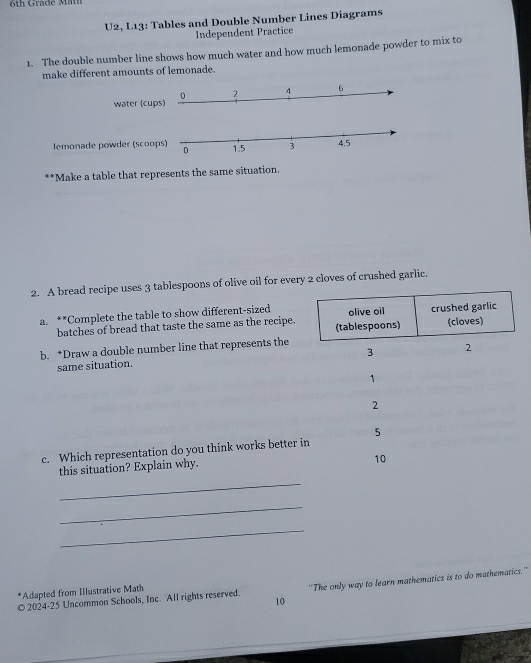 Solved: 6th Gradé M a U2, L13: Tables and Double Number Lines Diagrams ...