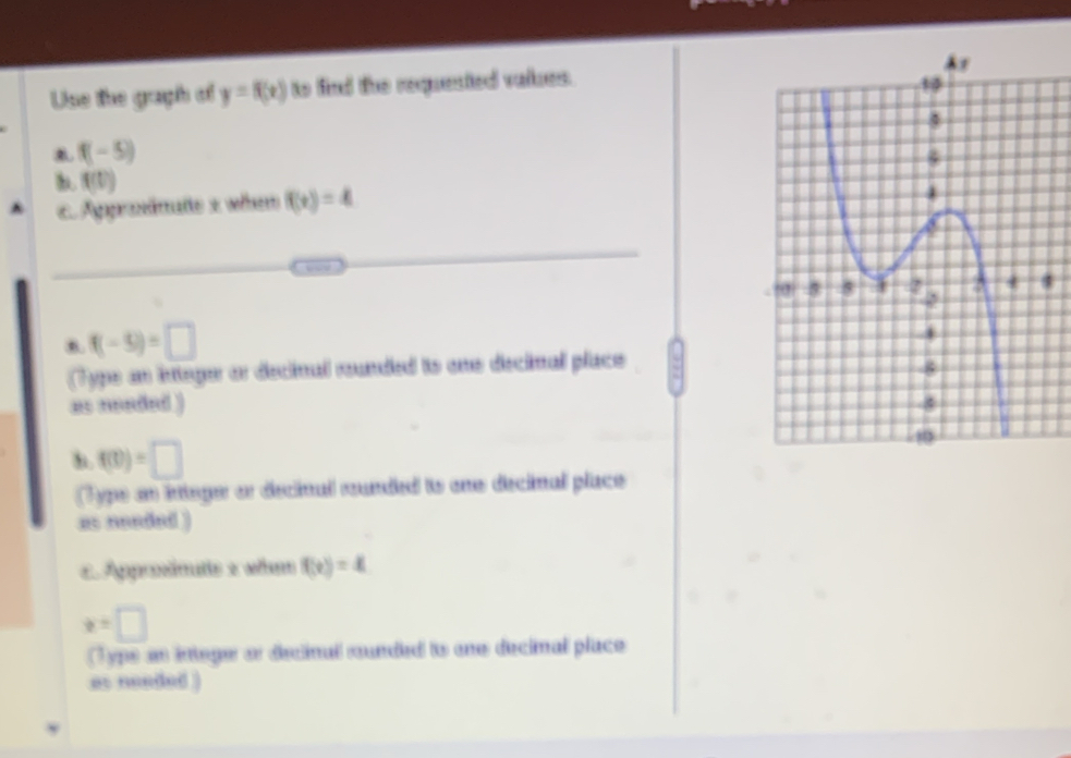 Use the guph of y=f(x) to find the requested values.
f(-5)
f(t)
Appreänate x wh f(x)=4
8. f(-5)=□
(7ype an integer or decinal rounded to one decinal place 
as nonded ) 
B. f(0)=□
ype an integer or decinal runded is one decinal place 
a nonded ) 
2Apprsämute 2 wmm f(x)=x
x=□
Typs as integer ar decinal cunded io one decimal place 
es needed )