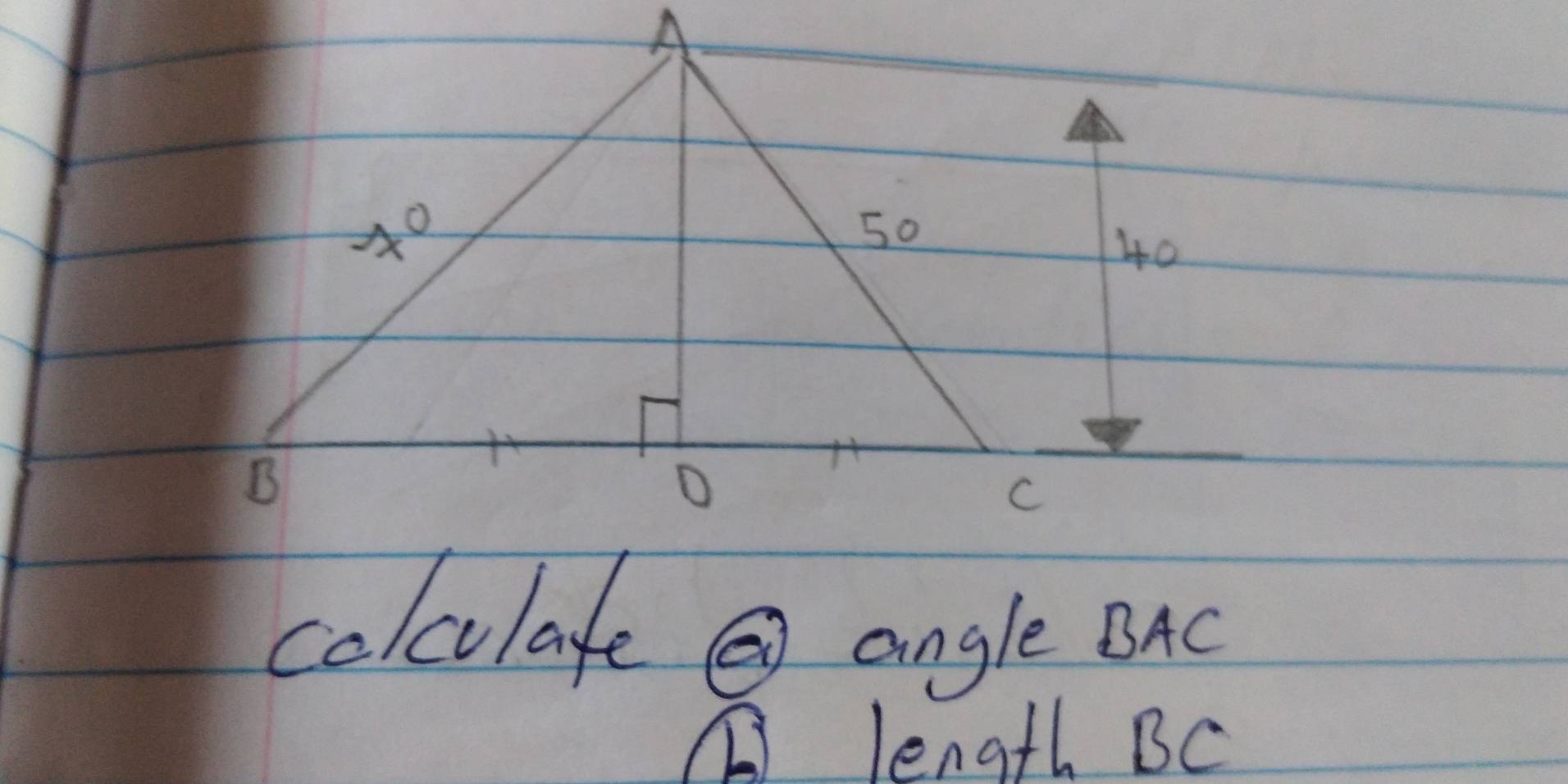 colculare
a) angle BAC
① length BC