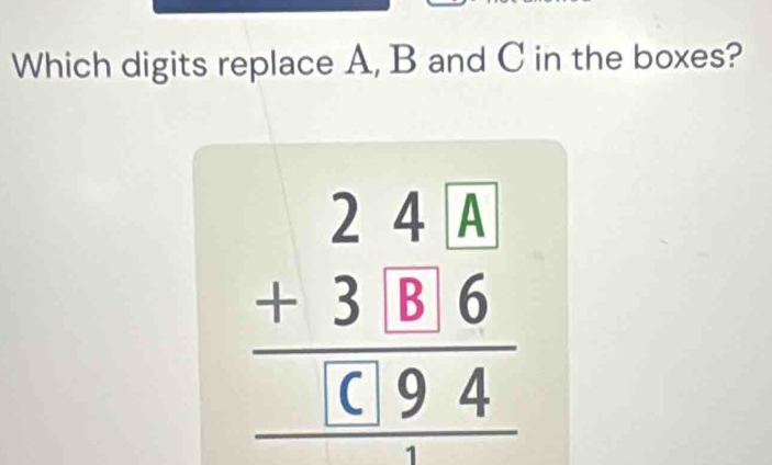 Which digits replace A, B and C in the boxes?
beginarrayr 24.2.4.encloselongdiv A +3.8.6C.6194 hline endarray