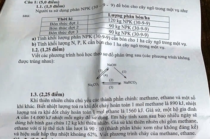 Câu 1: (5 ,0 điểm)
1.1. (1,5 điểm)
hân NPK ( 30-9
9 -  9) để bón cho cây ngô trong mộtnhư
sau
n cho 1 ha cây ngô trong một vụ.
b) Tính khối lượng N, P, K cần bón cho 1 ha cây ngô trong một vụ.
1.2. (1,25 điểm)
Viết các phương trình hoá học theo sơ đồ phản ứng sau (các phương trình không
được trùng nhau):
1.3. (2,25 điểm)
Khí thiên nhiên chứa chủ yếu các thành phần chính: methane, ethane và một số
khí khác. Biết nhiệt lượng toả ra khi đốt cháy hoàn toàn 1 mol methane là 890 kJ, nhiệt
lượng toả ra khi đốt cháy hoàn toàn 1 mol ethane là 1560 kJ. Giả sử, một hộ gia đình
A cần 14.000 kJ nhiệt mỗi ngày đề sử dụng. Em hãy tính xem sau bao nhiêu ngày sẽ
dùng hết bình gas chứa 12 kg khí thiên nhiên. Giả sử khí thiên nhiên chỉ gồm methane,
ethane với tỉ lệ thể tích lần lượt là 90:10 (thành phần khác xem như không đáng kể)
và hiệu suất hấp thụ nhiệt khoảng 62%. Viểt phương trình cháy của methane, ethane.