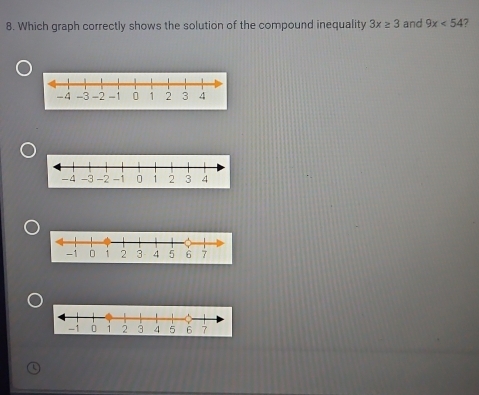 Which graph correctly shows the solution of the compound inequality 3x≥ 3 and 9x<54</tex> 7