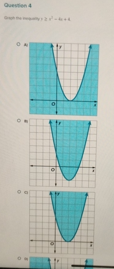 Graph the inequality y≥ x^2-4x+4. 
A