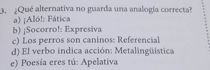 ¿Qué alternativa no guarda una analogía correcta?
a) ¡Aló!: Fática
b) ¡Socorro!: Expresiva
c) Los perros son caninos: Referencial
d) El verbo indica acción: Metalingüística
e) Poesía eres tú: Apelativa