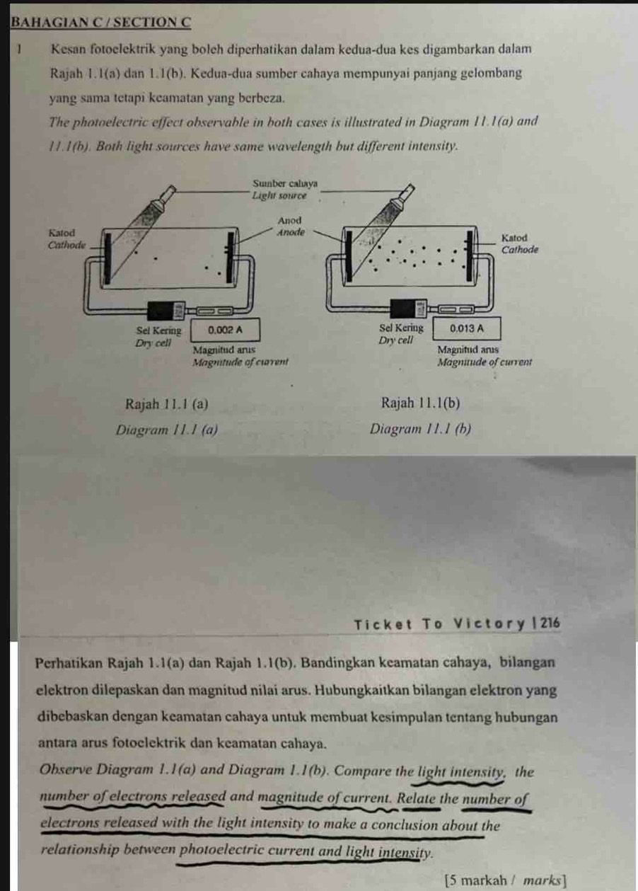 BAHAGIAN C / SECTION C 
I Kesan fotoelektrik yang boleh diperhatikan dalam kedua-dua kes digambarkan dalam 
Rajah 1.1(a) dan 1.1(b). Kedua-dua sumber cahaya mempunyai panjang gelombang 
yang sama tetapi keamatan yang berbeza. 
The photoelectric effect observable in both cases is illustrated in Diagram 11.1(a) and 
11.1(b). Both light sources have same wavelength but different intensity. 
Rajah 11.1 (a) Rajah 11.1(b) 
Diagram 11.1 (a) Diagram 11.1 (b) 
Ticket To Victory | 216 
Perhatikan Rajah 1.1(a) dan Rajah 1.1(b). Bandingkan keamatan cahaya, bilangan 
elektron dilepaskan dan magnitud nilai arus. Hubungkaitkan bilangan elektron yang 
dibebaskan dengan keamatan cahaya untuk membuat kesimpulan tentang hubungan 
antara arus fotoclektrik dan keamatan cahaya. 
Observe Diagram 1.1(a) and Diagram 1.1(b). . Compare the light intensity, the 
number of electrons released and magnitude of current. Relate the number of 
electrons released with the light intensity to make a conclusion about the 
relationship between photoelectric current and light intensity. 
[5 markah / marks]