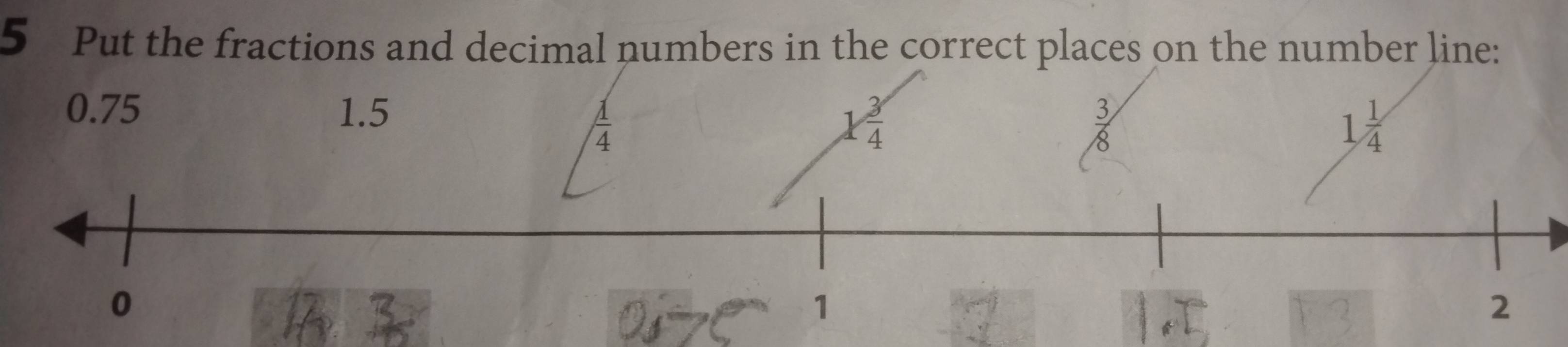 Put the fractions and decimal numbers in the correct places on the number line:
0.75 1.5 1 3/4   3/8 
 1/4 
1 1/4 
0
1
2