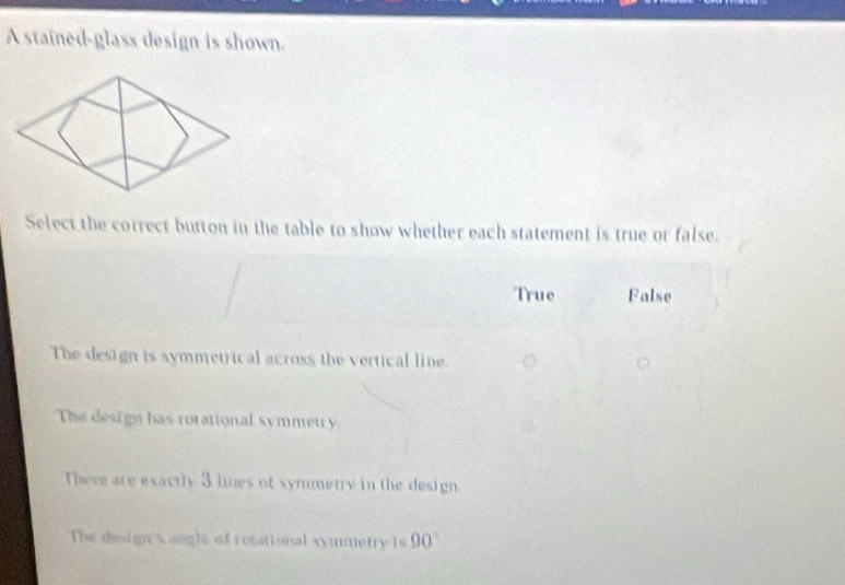 A stained-glass design is shown.
Select the correct button in the table to show whether each statement is true or false.
True False
The design is symmetrical across the vertical line.
The design has rotational symmeury
There are exactly 3 lines of symmetry in the design.
The design's angle of rotational symmetry is 90°