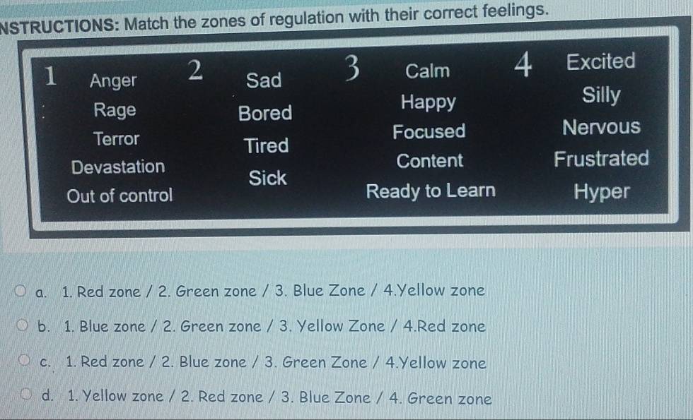 Resuelto:NSTRUCTIONS: Match the zones of regulation with their correct ...